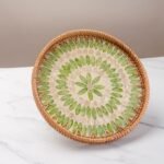 Round Rattan Mother of Pearl Serving Basket Tray for Décor Coffee Table(Neon Green)