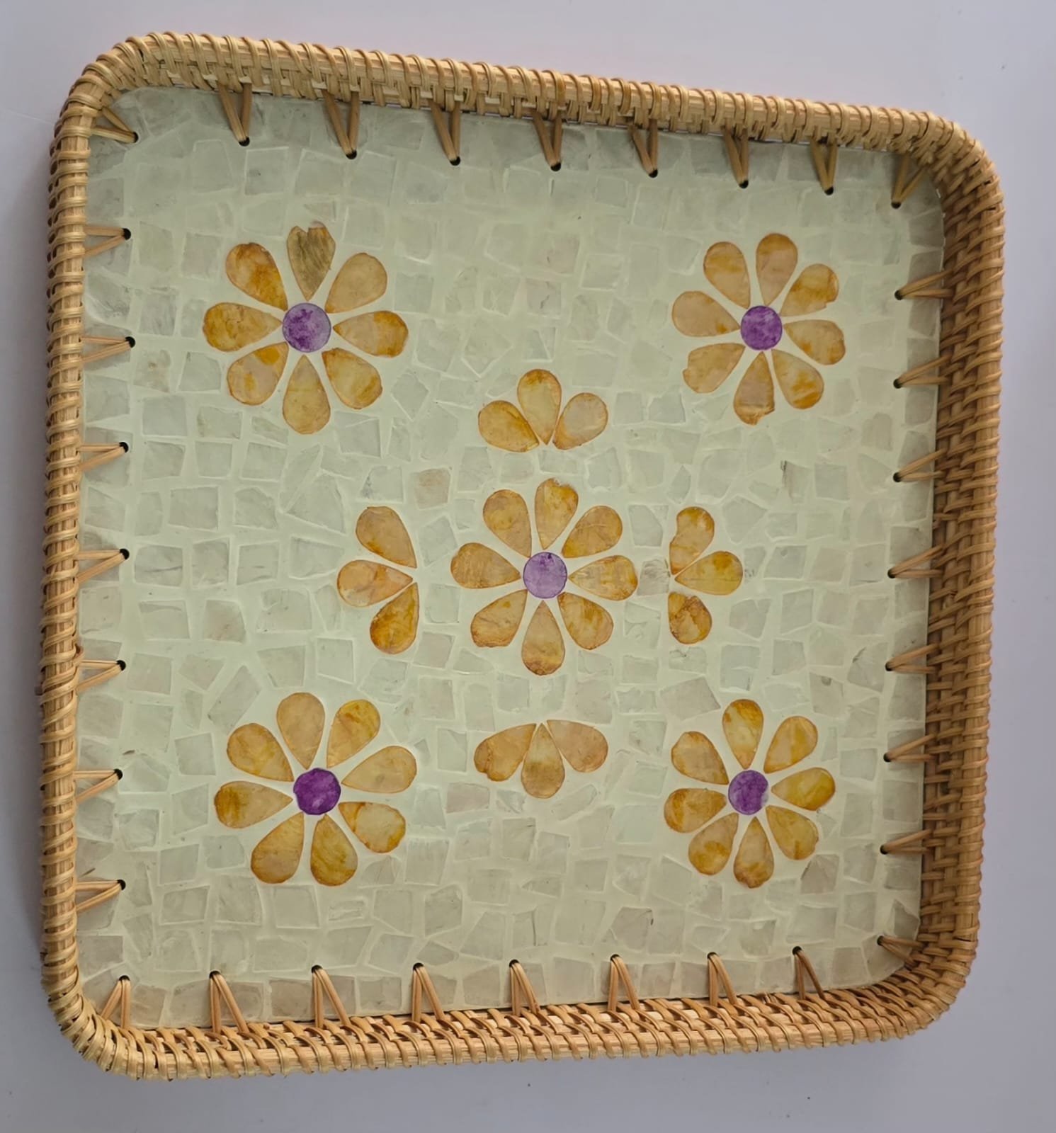 Floral Rectangle Hand-woven Rattan and Mother Pearl Inlay Serving Tray,