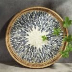 Round Rattan Mother of Pearl Serving Basket Tray